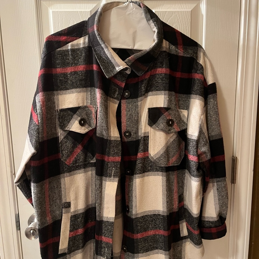 3X Zenana Outfitters Plaid Shacket in Black, White, and Red
